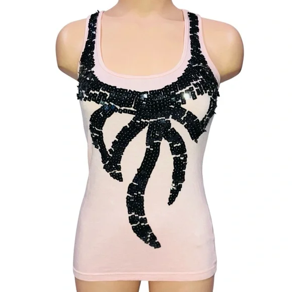 Y2K VTG Forever 21 Pink Racerback Tank Top Black Sequin Bow Coquette Girl Sz S - Picture 2 of 5